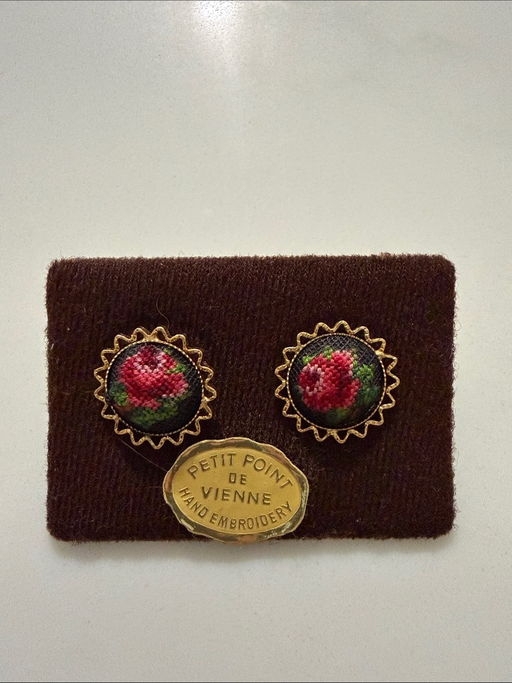 Petit Point de Vienne Hand Embroidered Pink Rose Stud Earrings